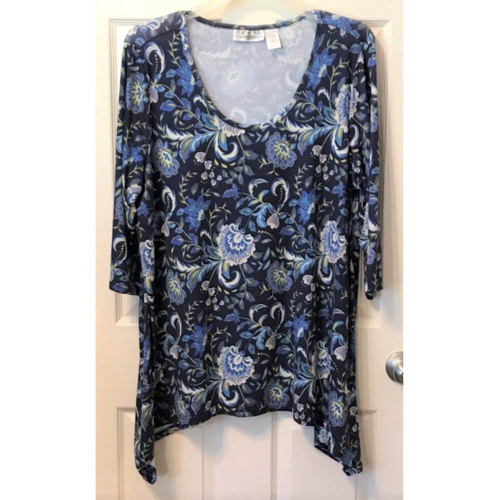 New Directions Blue Floral Tunic Blouse Top Plus Size 2X